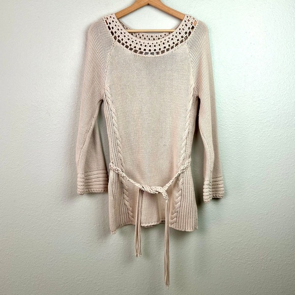 Spiegel Sweaters - Spiegel Vtg Beige Crochet Neck Belted Tunic‎ Sweater Women's Medium Boho Coastal